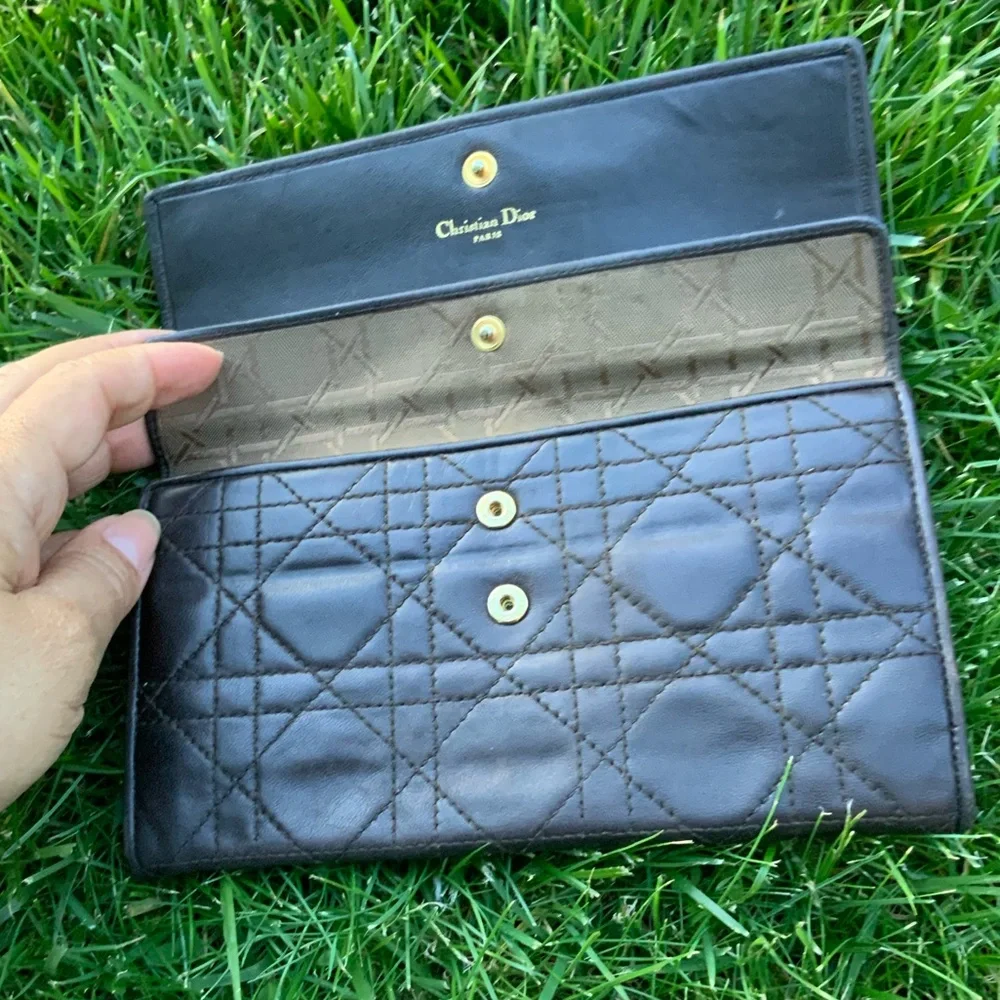 Christian Dior Vintage Cannage Long Wallet Black Leather Unisex.